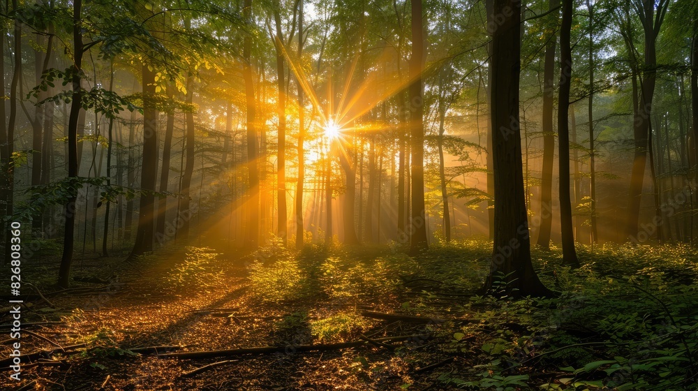 Fototapeta premium Golden hour sunlight streaming through forest