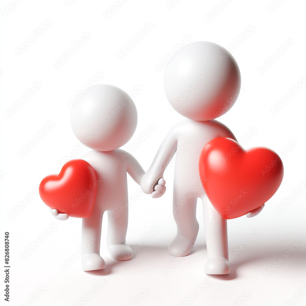 White figure illustration with red heart in hands, isolated on white background White figure illustration with red heart in hands, isolated on white background