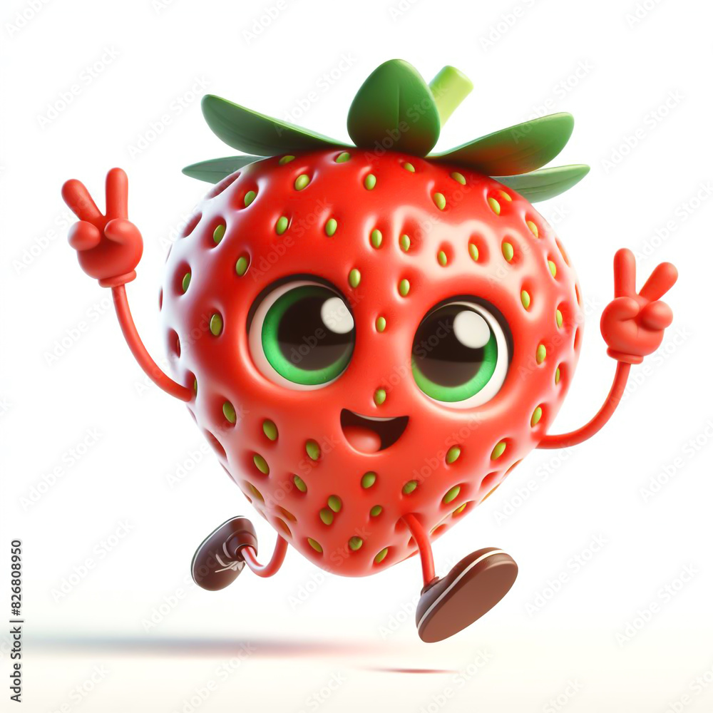 Obraz premium 3D funny strawberry cartoon isolated on white background. Fruit and agriculture for a healthy diet