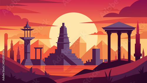 The stark contrast of manmade structures against the natural beauty of a vibrant sunset.. Vector illustration
