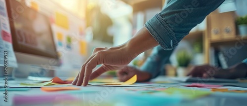 Creative professional planning a project with colorful sticky notes and diagrams on a desk in a modern office environment. Teamwork concept.
