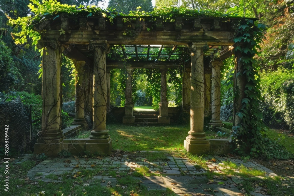 Serene photo capturing a historic stone pergola overgrown with ivy in a tranquil garden setting Serene photo capturing a historic stone pergola overgrown with ivy in a tranquil garden setting