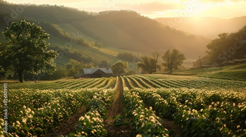 Sunlit agricultural field with rows of crops  surrounded by rolling hills and trees  with a farmhouse in the distance  capturing a serene and productive rural landscape.