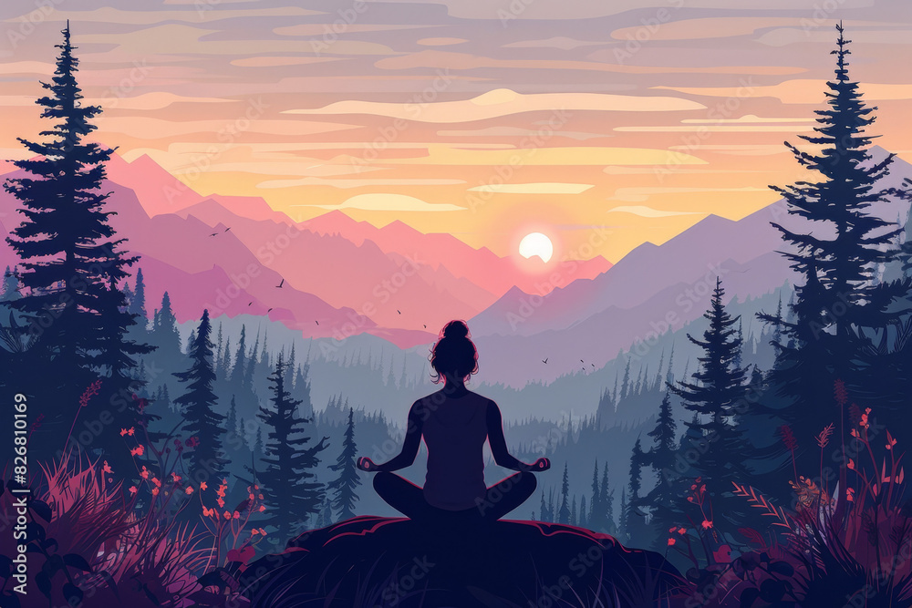 Woman meditating in nature, sunrise over mountains and forest background, flat vector illustration with space for text or copy, detailed digital art Woman meditating in nature, sunrise over mountains and forest background, flat vector illustration with space for text or copy, detailed digital art