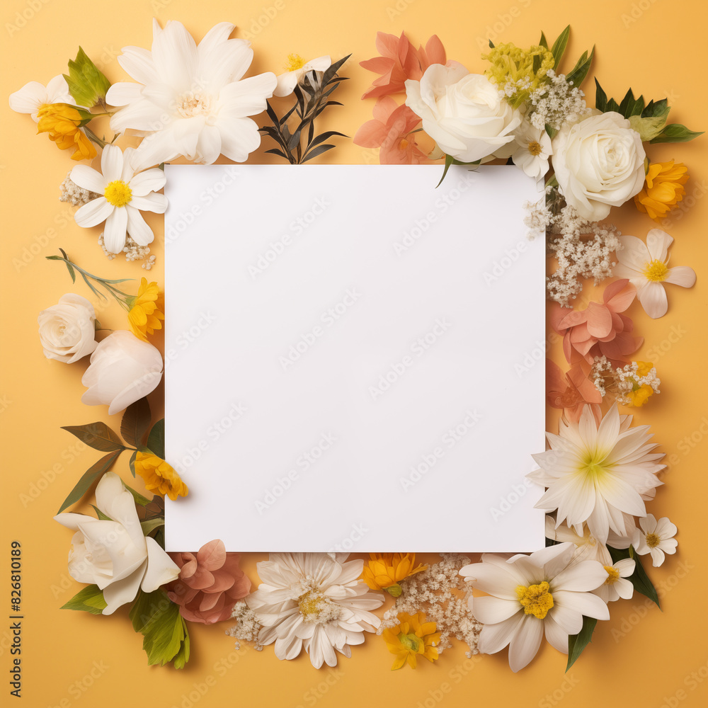 Colorful floral square border frame, paper note in center. Composition with beautiful flowers, and copy space. Festive concept for 8 March, Mothers, Valentines, Woman day. .Spring or summer banner