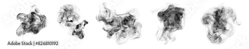 Smoke clouds, steam mist fog and white foggy vapor. 3D realistic smoke from dust particles isolated on black background