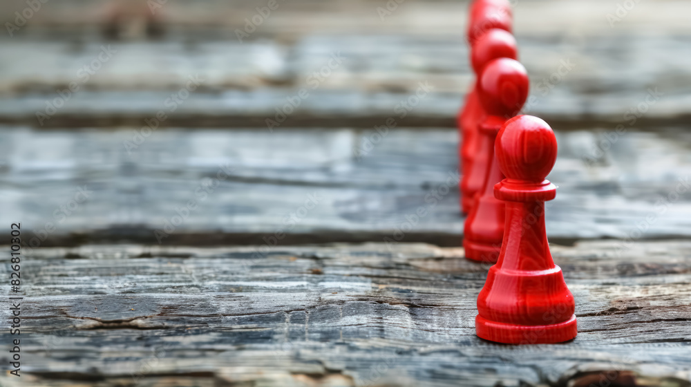 leadership concept with red chess pieces lined up on a rustic wooden surface leadership concept with red chess pieces lined up on a rustic wooden surface