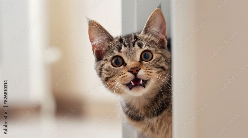 Grey cat talking to its master by looking at the camera, while its head comes out from behind the wall. A photo that you can use for product promotion about cats. Photos of well-groomed and beautiful Grey cat talking to its master by looking at the camera, while its head comes out from behind the wall. A photo that you can use for product promotion about cats. Photos of well-groomed and beautiful
