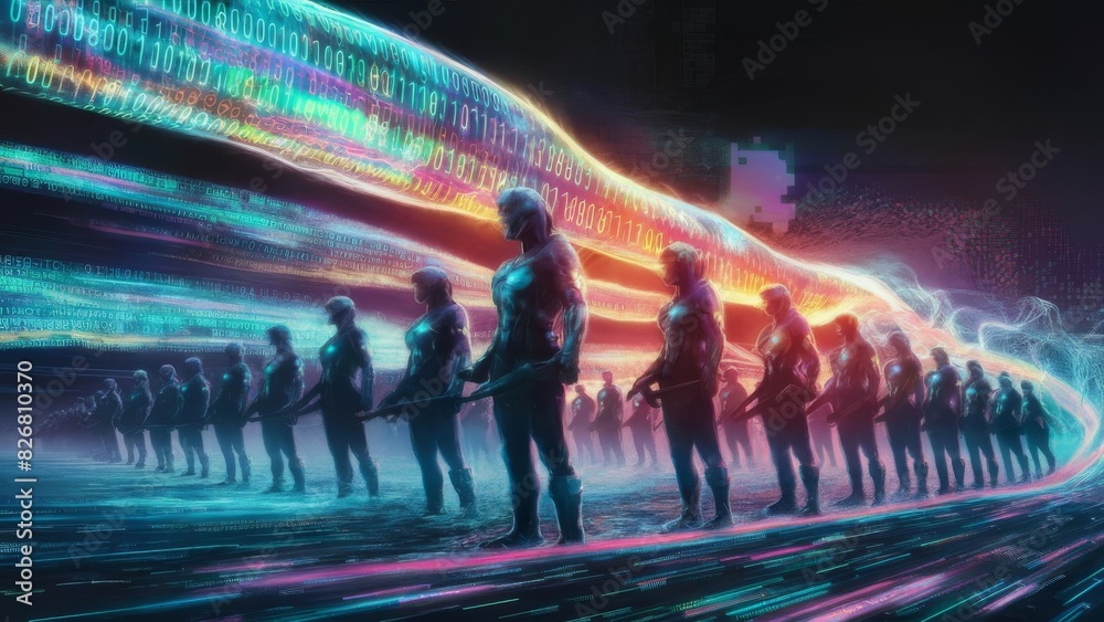 A surreal, futuristic scene where cyber guardians stand in formation, protecting a streaming, glowing, and ethereal data stream. A surreal, futuristic scene where cyber guardians stand in formation, protecting a streaming, glowing, and ethereal data stream.