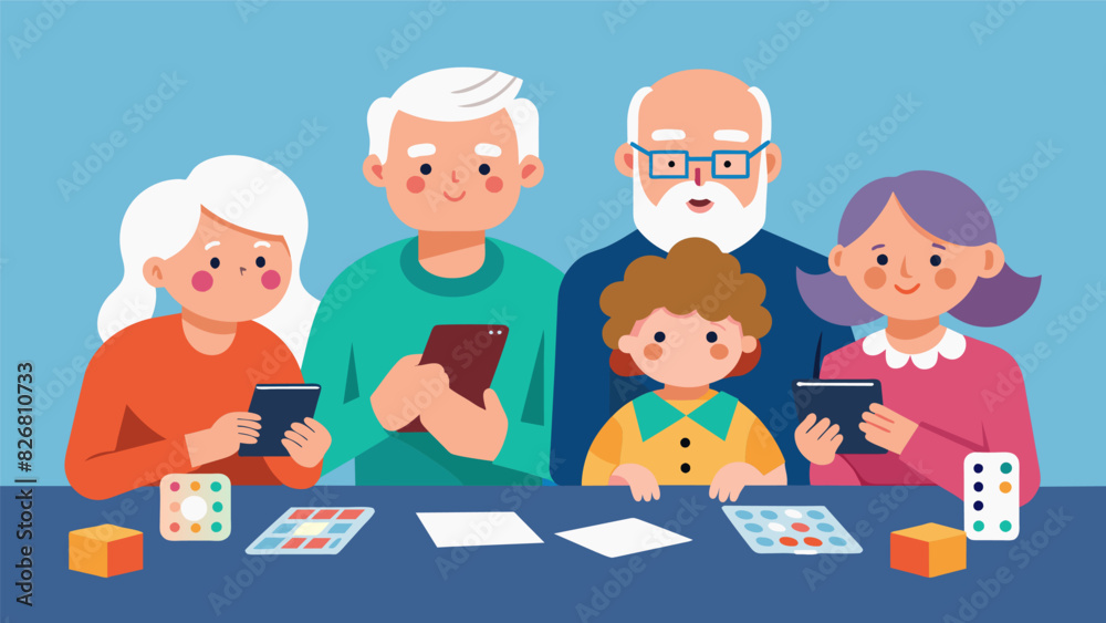 A group of grandparents join in on the fun using their tablets to play digital versions of their childhood card and domino games with their. Vector illustration A group of grandparents join in on the fun using their tablets to play digital versions of their childhood card and domino games with their. Vector illustration