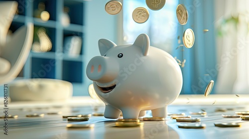 Piggy bank with falling coins. Savings and investment
