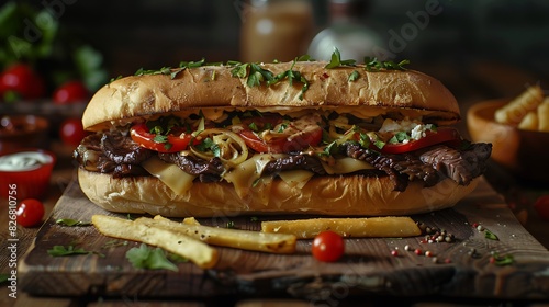 Steak and cheese Submarine Sandwich with French Fries