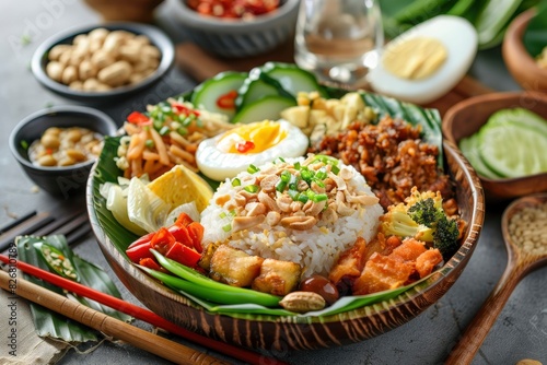 Nasi Pecel, Indonesia Food Rice and Vegetables with Boiled Egg and Peanut Sauce with perkedel, bakwan, peyek, fried egg and sate kerang, ikan lele. Traditional concept - generative ai photo