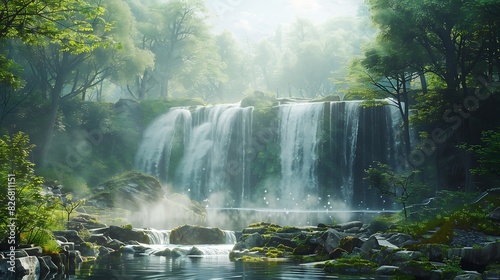 Fresh view of a misty forest with a waterfall and a clear sky