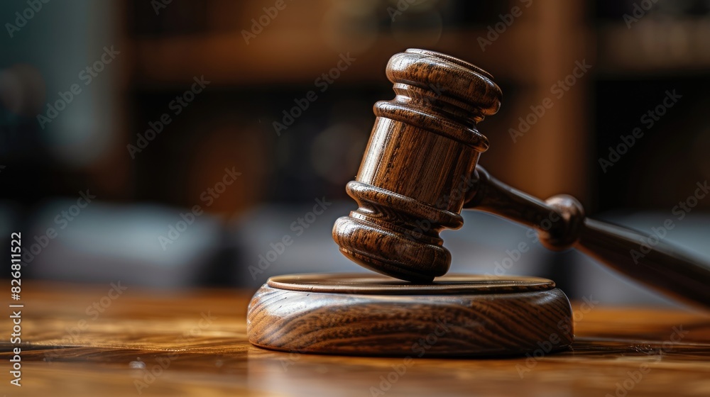 A wooden gavel sits on a wooden table. The gavel is a symbol of authority and power A wooden gavel sits on a wooden table. The gavel is a symbol of authority and power