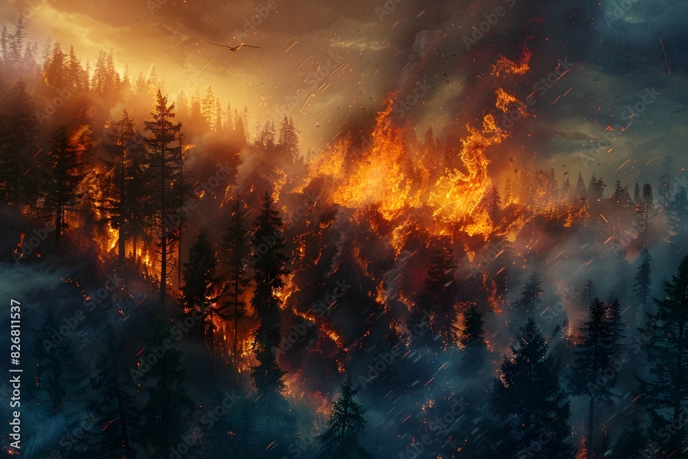 Raging Wildfire Engulfing Lush Forest Landscape in Apocalyptic Blaze Raging Wildfire Engulfing Lush Forest Landscape in Apocalyptic Blaze