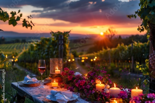 A table set with candles and wine glasses in a vineyard during sunset