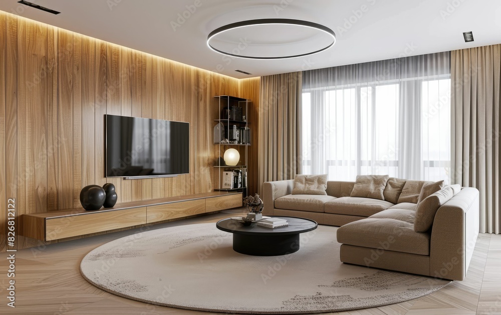 Modern living room with sleek design and cozy couch Modern living room with sleek design and cozy couch