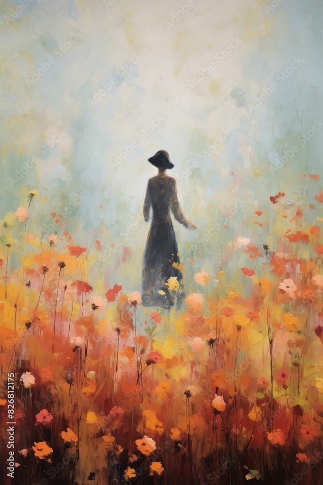 Lone figure in a garden, autumn flowers, soft breeze, medium shot, gentle smile Lone figure in a garden, autumn flowers, soft breeze, medium shot, gentle smile