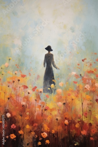 Lone figure in a garden, autumn flowers, soft breeze, medium shot, gentle smile