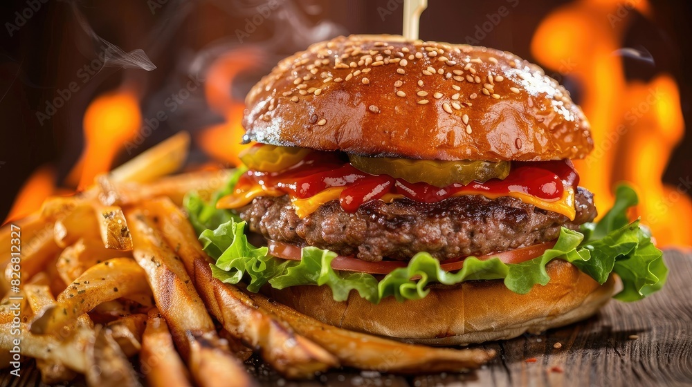 fast food burger patties with pickles and french fries. Fire background fast food burger patties with pickles and french fries. Fire background