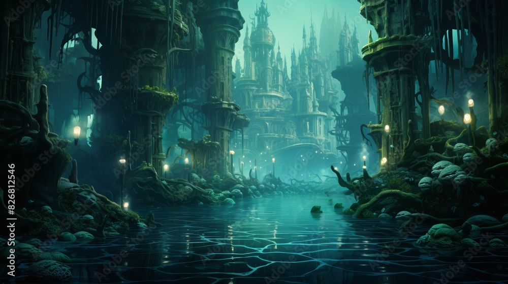 Obraz premium Underwater city, mermaids, glowing algae, dim light, wide shot, mystical anime style