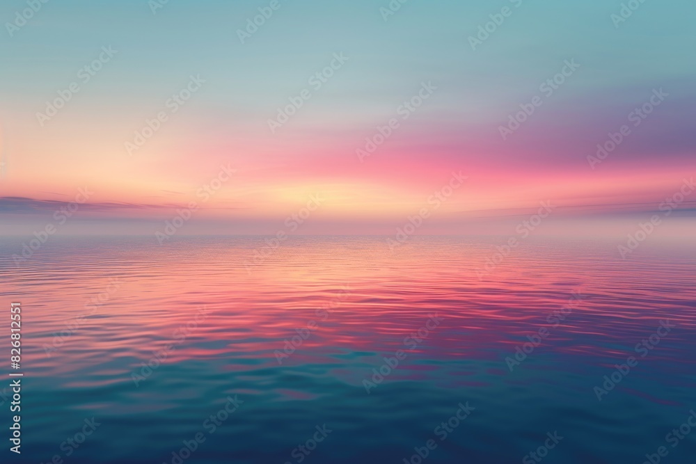 A beautiful blue ocean with a pink and purple sky. The sky is filled with clouds and the water is calm A beautiful blue ocean with a pink and purple sky. The sky is filled with clouds and the water is calm