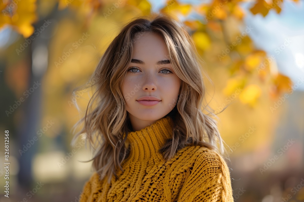 Portrait of a beautiful woman with shoulder-length hair wearing a yellow sweater outdoors in autumn, looking at the camera in a close-up shot, in the style of copy space concept.