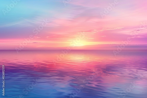 A beautiful sunset over the ocean with pink and blue hues. The water is calm and the sky is filled with clouds