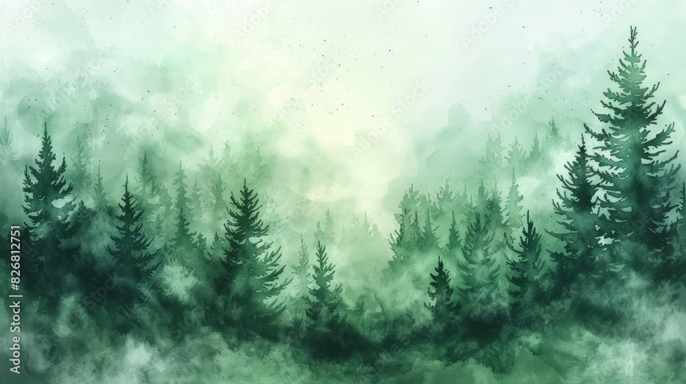 A forest with trees and mist. The trees are green and the sky is cloudy A forest with trees and mist. The trees are green and the sky is cloudy