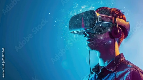 A man wearing virtual reality merging with blockchain digital technology 