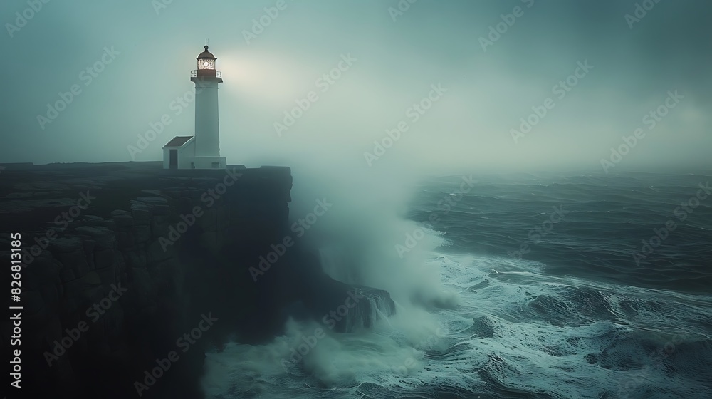 Fresh view of a lighthouse on a cliff during a storm