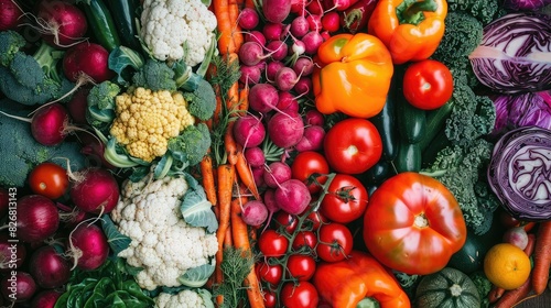 Top of view of Wholesome farm-fresh vegetables arranged in symmetrical display