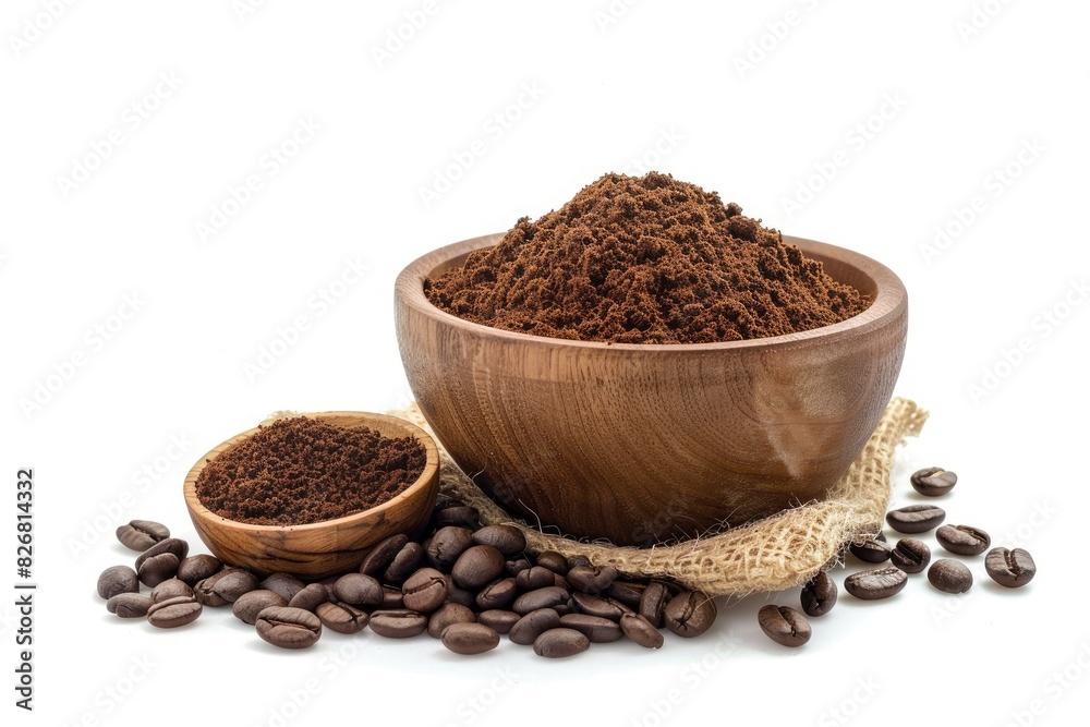 Roasted coffee beans in sack bag with coffe powder (ground coffee) in wooden bowl isolated on white background - generative ai Roasted coffee beans in sack bag with coffe powder (ground coffee) in wooden bowl isolated on white background - generative ai