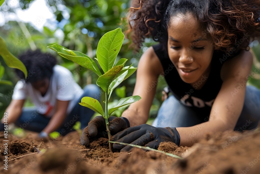 Young Eco Activist Planting Sapling for Reforestation Initiative Young Eco Activist Planting Sapling for Reforestation Initiative