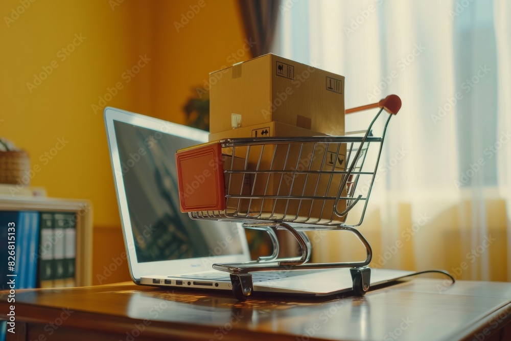 Discover ecommerce via online shopping carts and package deliveries from your laptop
