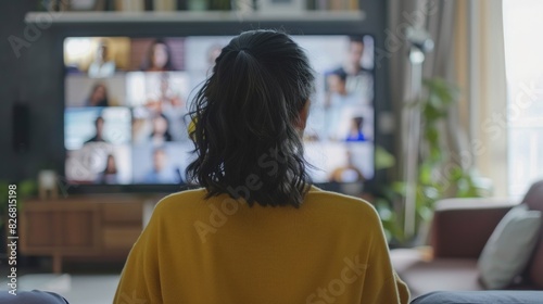 Rear view of Asian woman watching television at home in the living room
