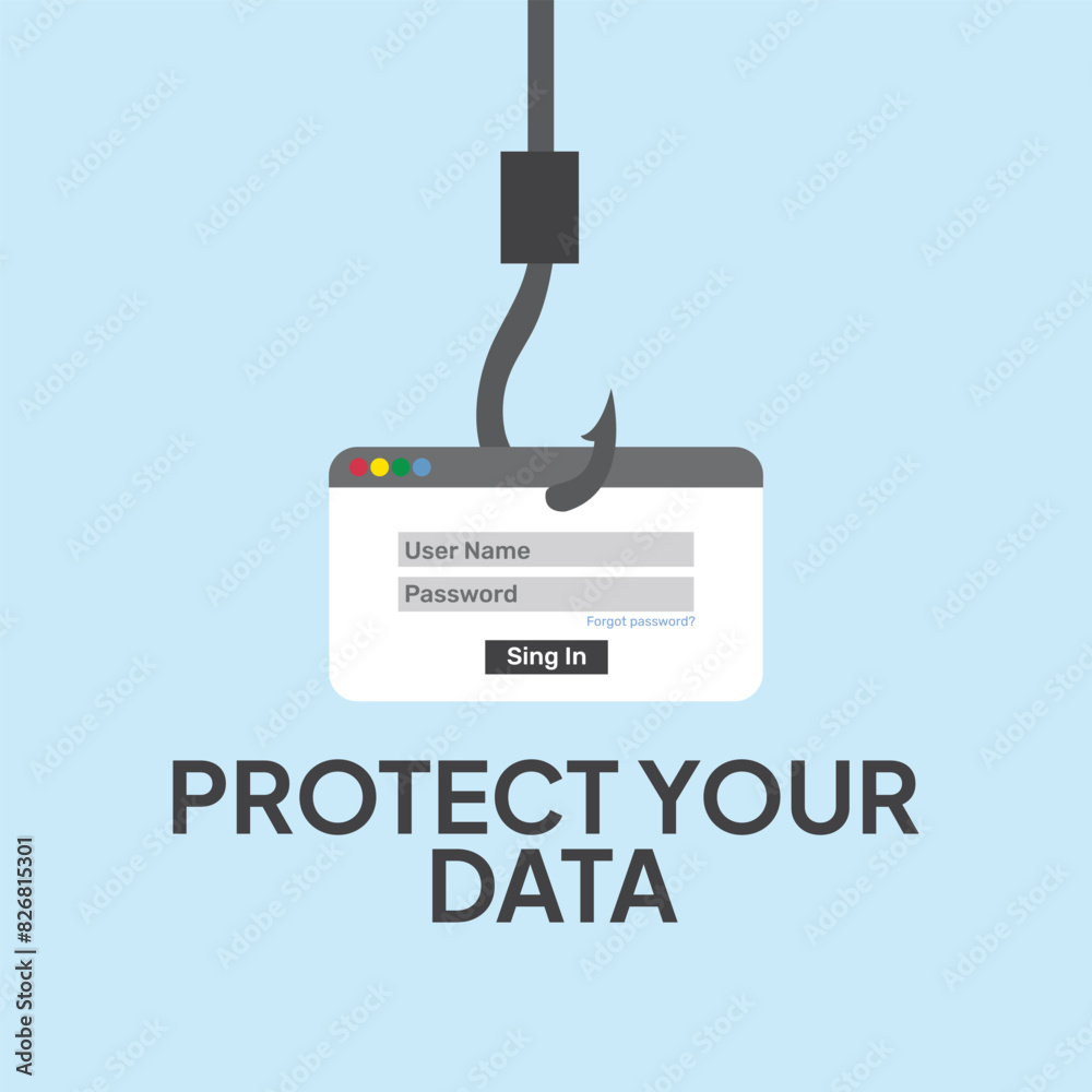 Fototapeta premium Protect your data in web, data protection, Vector illustration.for web banner, infographics, mobile website. Landing page template.protect your data from digital phishing and scam crimes.