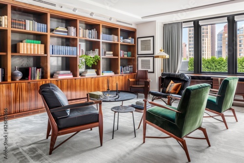 Modern New York apartment, mid-century modern furniture and decor, green armchairs, neutral colors, wooden bookshelves, large Windows with sun,