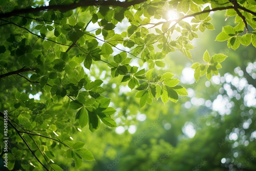 Leafy tree canopy, sunlight breaking through, vibrant greens, natural beauty, eco-conscious scene Leafy tree canopy, sunlight breaking through, vibrant greens, natural beauty, eco-conscious scene