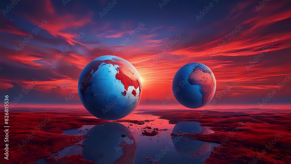New world illustration blue and red globes, red clouds in the sky