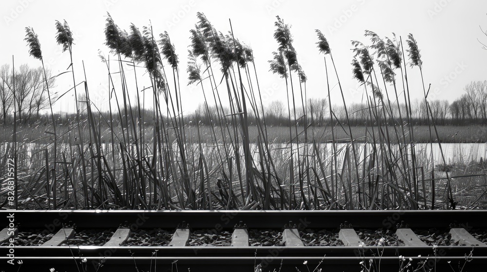 Fototapeta premium Tall reeds flourishing alongside the railway lines