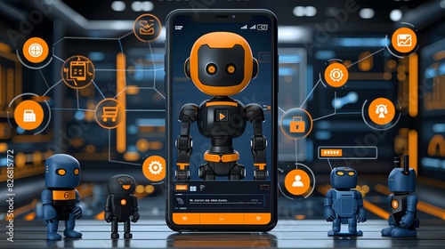 surrounded by smaller robots and digital interface icons. It captures the essence of innovative technology and smart solutions, ideal for highlighting advancements in AI, robotics, and mobile applicat
