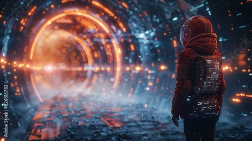 Exploring the futuristic realms of space, this stunning artwork features a lone astronaut standing before a glowing