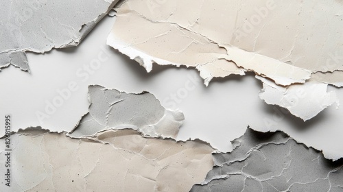 Collection of torn gray and beige papers on a white backdrop