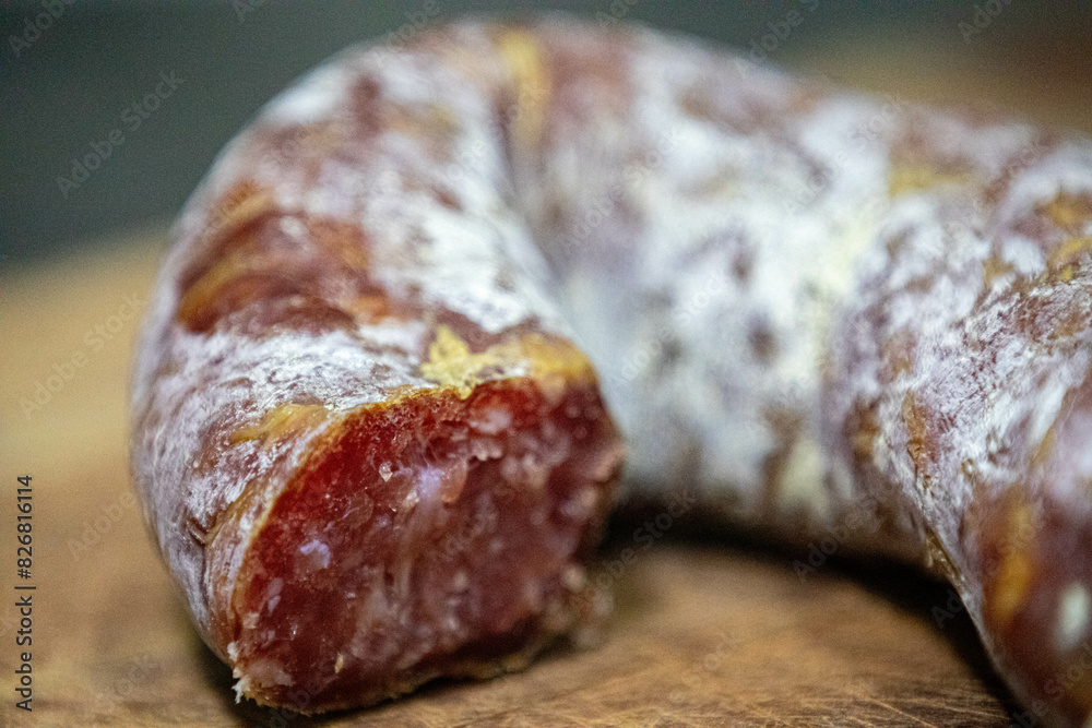 Rustic Blumenau salami, aged smoked and with probiotic mold on the surface Rustic Blumenau salami, aged smoked and with probiotic mold on the surface