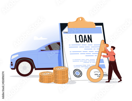 Dealership car loan, auto dealer illustration. Auto buy dealer, car dealership, used or rental vehicle shop vector