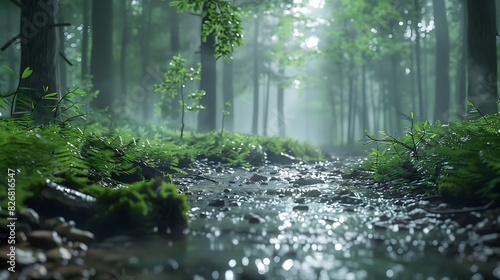 Fresh view of a forest with a stream running through it