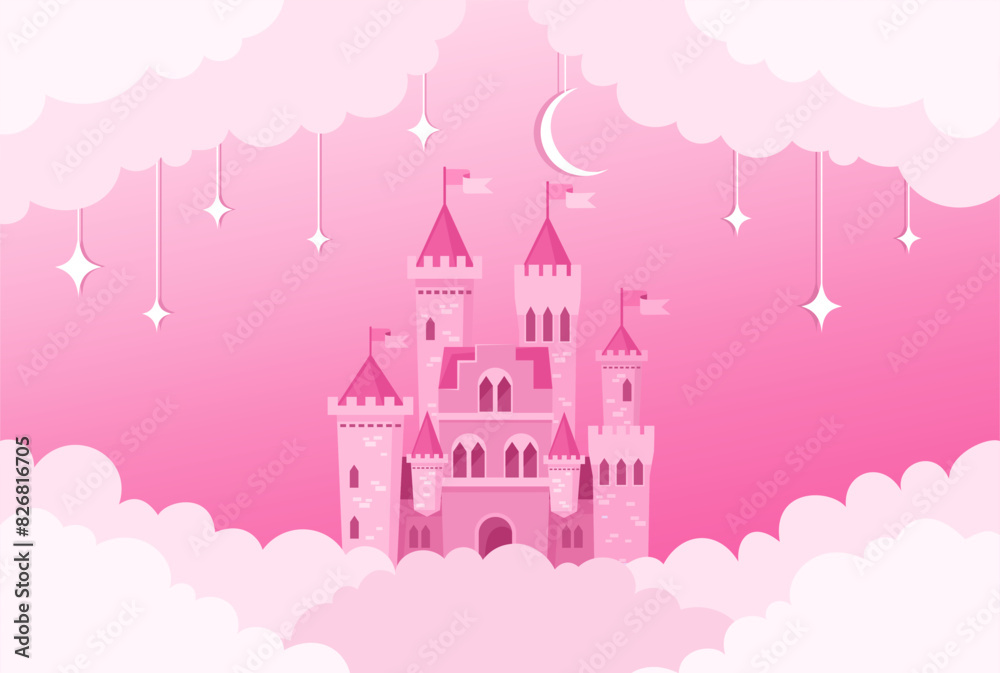 A magical pink castle in the clouds against a background of stars and the moon. Vector flat illustration.
