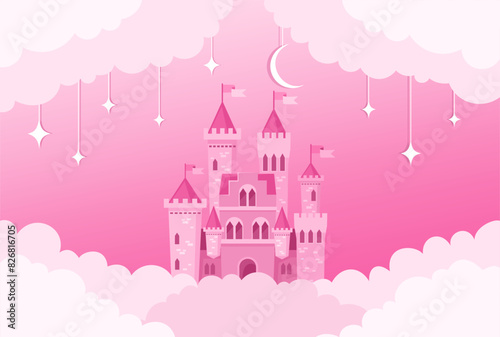 A magical pink castle in the clouds against a background of stars and the moon. Vector flat illustration.